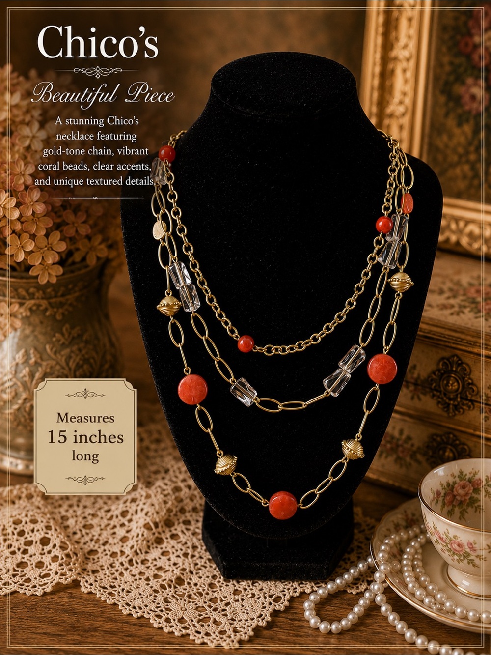 Chico's Gold-Tone Layered Necklace with Coral and Clear Accents
